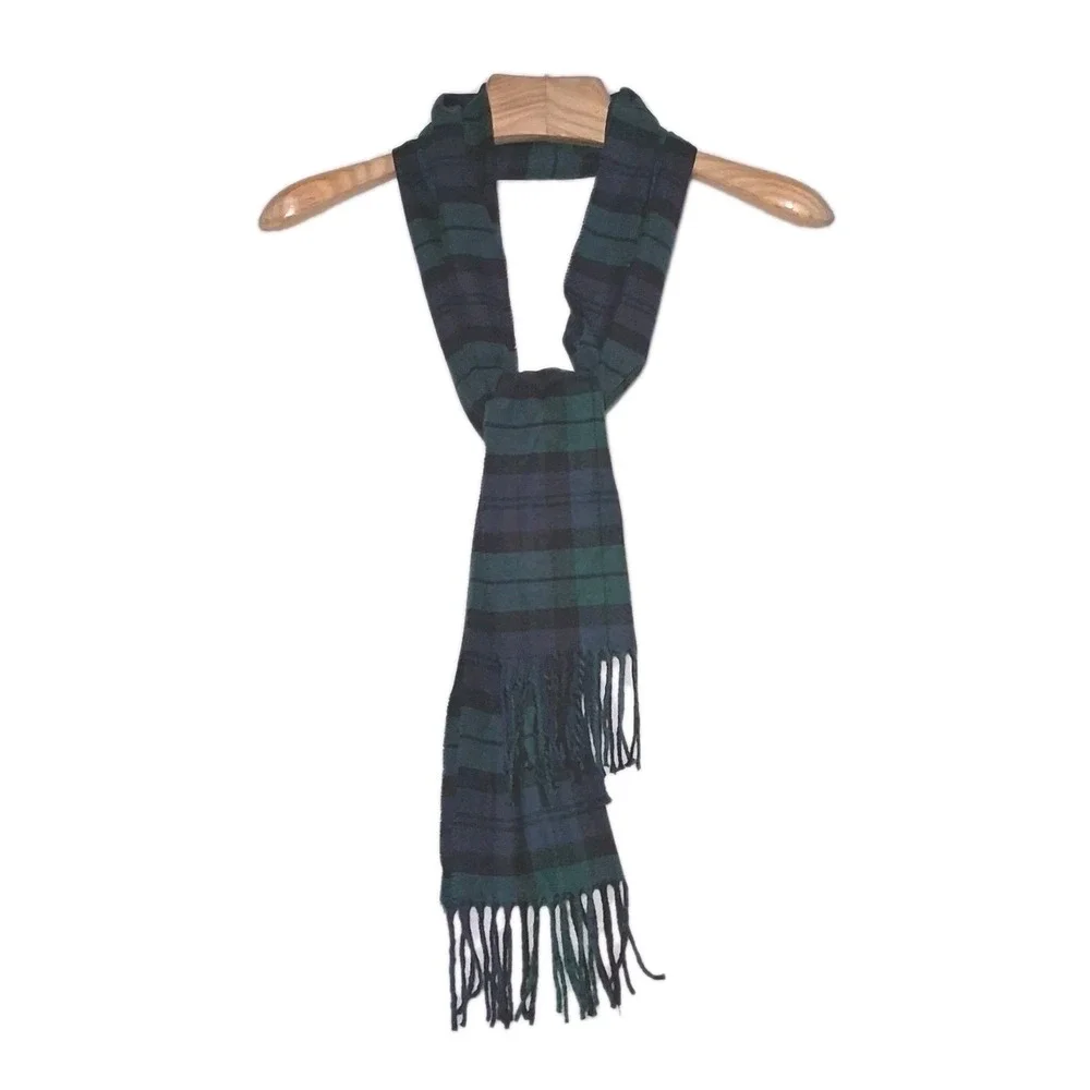 100% Cashmere Men's Scarf Green Blue Plaid Tartan Made in Scotland 65